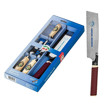 Набор стамесок из 4 предметов с японской ножовкой: короткие лёгкие стамески с боковыми фасками и плоскими рукоятками из граба в картонной коробке