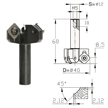 Фреза концевая с HM ножами D=40х8,5 S=12 Z=3 RH Megapolus 50.0020.01